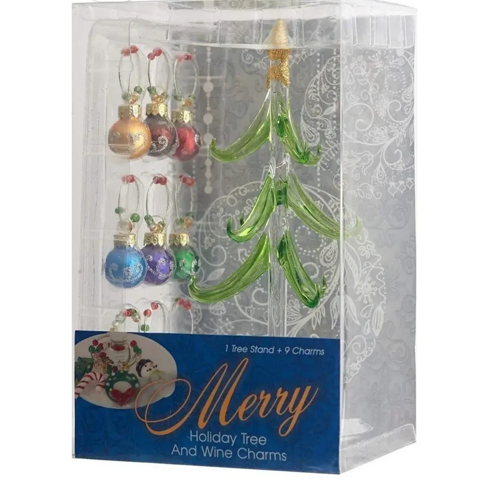 Crystal Handblown Glass Christmas Tree With Wine 9 Glass‎ Ornaments New In Box